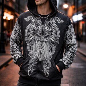 MonkStars Viking Tribal Graphic Hoodie 3XL Black Gray White Full Zip